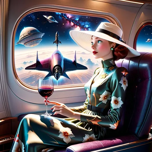 Prompt: a 21-year-old woman in a long flower print Empire Dress with a high neck line and white hat sitting on a spaceplane seat with a hat on her head drinking a glass of red wine,  and (( the Andromeda Galaxy))  in the background with a window, Annie Leibovitz, precisionism, promotional image, an art deco painting  drinking red wine,