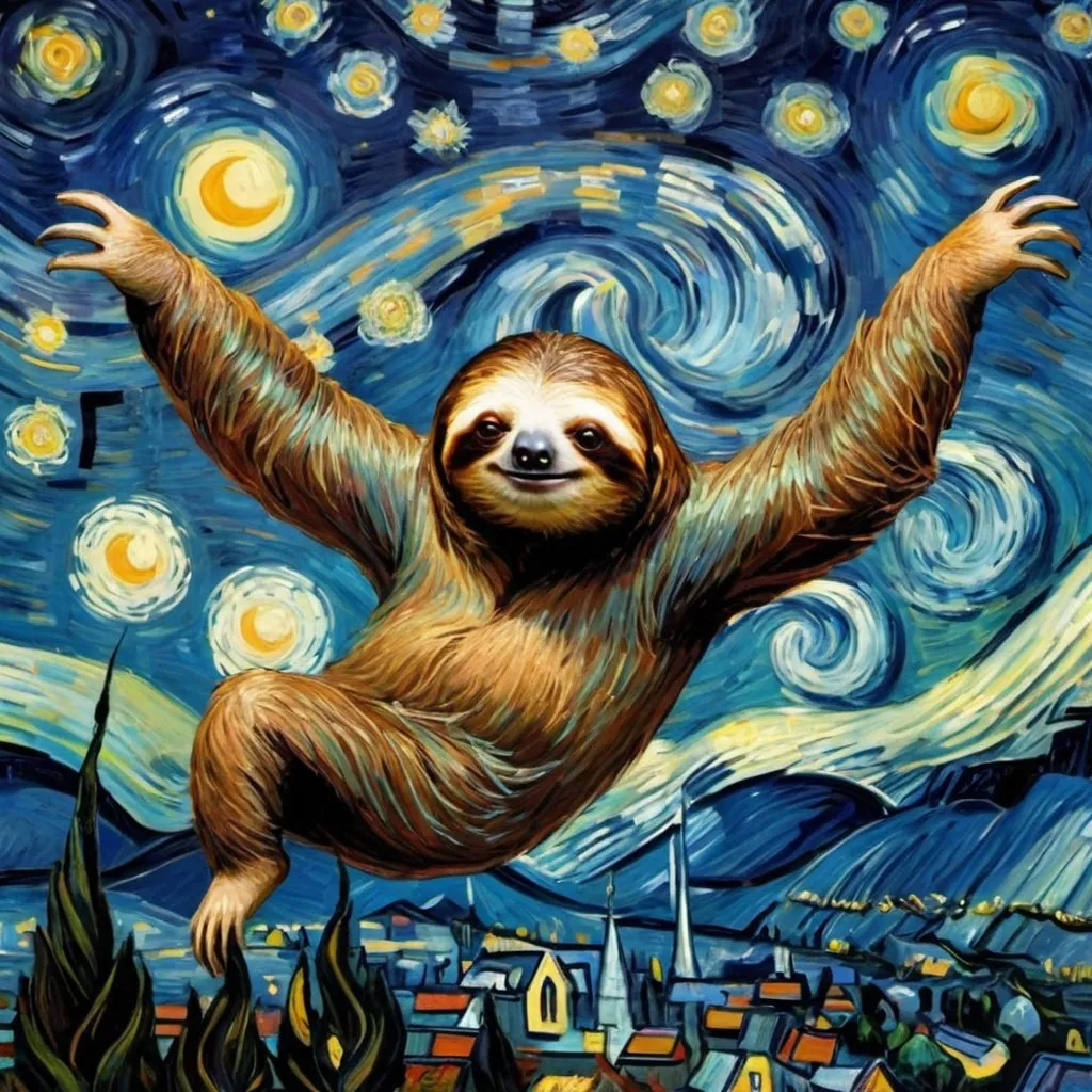 Prompt: A "Sloth"  flying on a "magic carpet" in "The Starry Night" by Vincent van Gogh