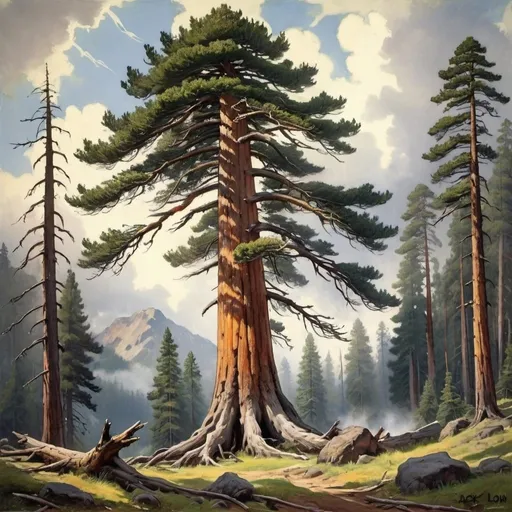 Prompt: a painting of  "The ancient pine, its tall, straight trunk reaching for the sky, had stood through storms and sunshine, a true giant of the forest." Jack London, The Call of the Wild (1903)