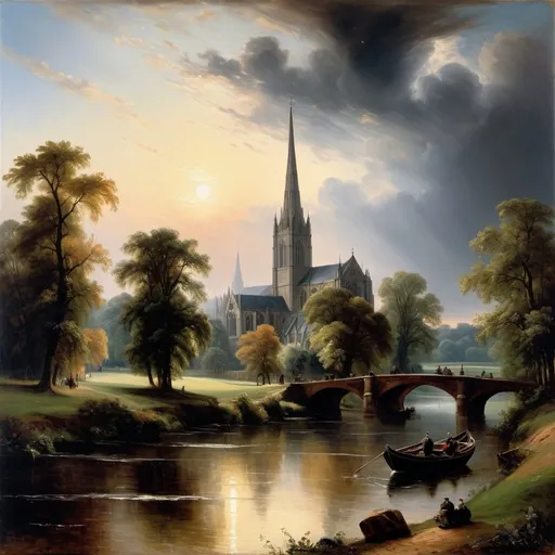 Prompt: Create a UHD, 64K, professional oil painting in the style of John Constable, Romanticism, traditional religious iconography, The towering cathedral with its elaborate spires and detailed sculptures dominated the skyline a beacon of faith and artistry, The first faint streak of daybreak appeared on the horizon casting a pale light over the sleeping world.