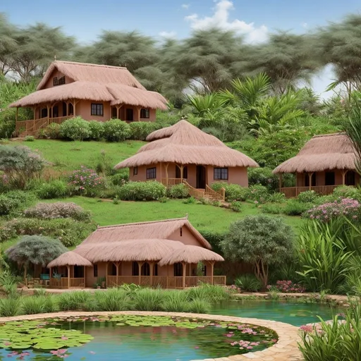 Prompt: create a very detailed and magnificent cottage in a water pond ,  in east Africa 