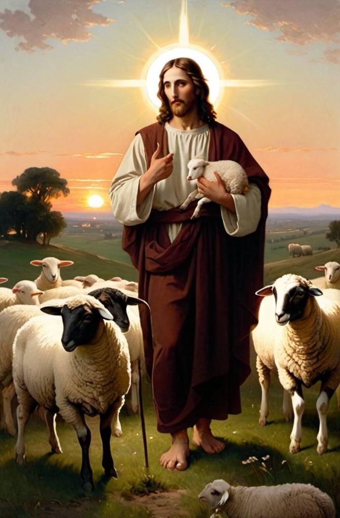 Prompt: a painting of Jesus with halo holding a lamb in a field of sheep with a sunset in the background and a shepherd in the foreground, Carl Heinrich Bloch, american barbizon school, bouguereau, a pointillism painting