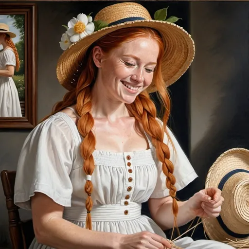 Prompt: a painting of a happy woman weaving a straw hat, the woman as  long ginger hair ginger in a French braid with a white hat dress in a  cotton flower print Empire Dress with a high neck line, Alson S. Clark, academic art, extremely detailed oil painting, a hyperrealistic painting