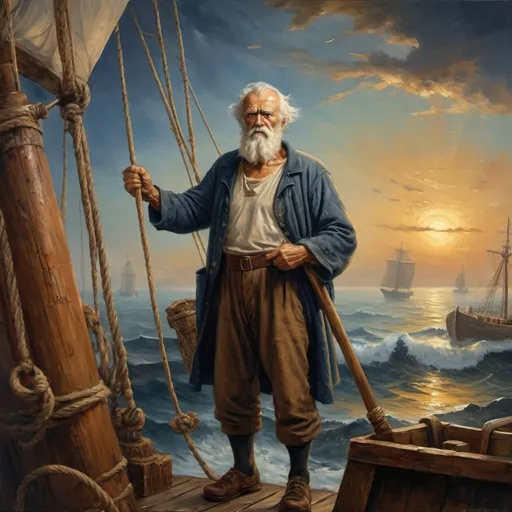 Prompt:  Create a UHD, 64K professional oil painting the Ancient Mariner, a seasoned spacefarer whose extensive experience and knowledge made him an invaluable team member. Despite his age, the Mariner possessed a vitality and wisdom that inspired respect and admiration from his younger colleagues