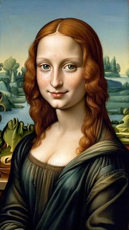 Prompt: a painting of Mona Lisa with dark freckle green eyes  long ginger hair    on a smile on her face, with a green background and a blue sky, Fra Bartolomeo, academic art, renaissance oil painting, a painting