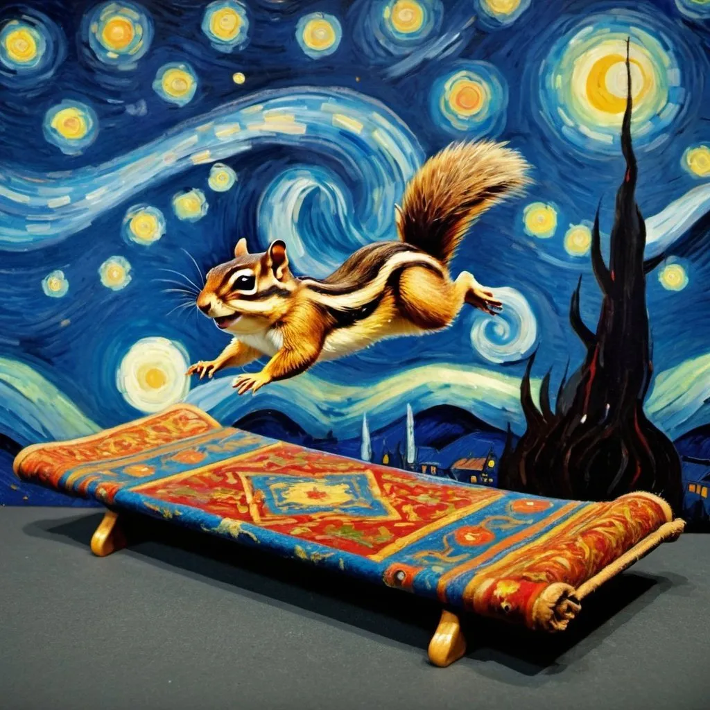 Prompt: A Chipmunk  flying on a "magic carpet" in "The Starry Night" by Vincent van Gogh