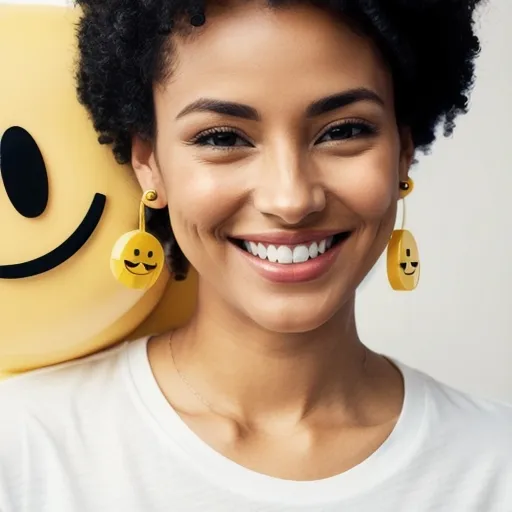 Prompt: a woman with yellow smiley-earrings, wearing a white t - shirt with a smiley face on it, 
