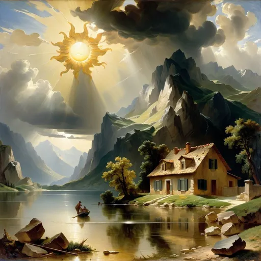 Prompt: painting of  a house  by a lake with mountains in the background and a sun above it, Jean-Baptiste Carpeaux, american scene painting, stormy weather, a professional  fine art painting,UHD 64K