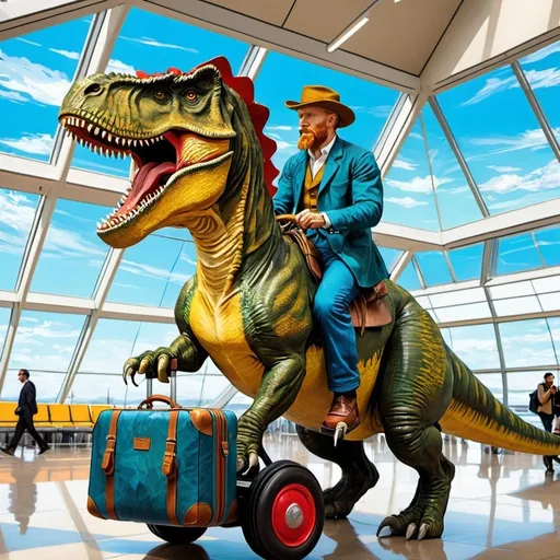 Prompt: "Vincent van Gogh"  riding a  tyrannosaurus in an airport