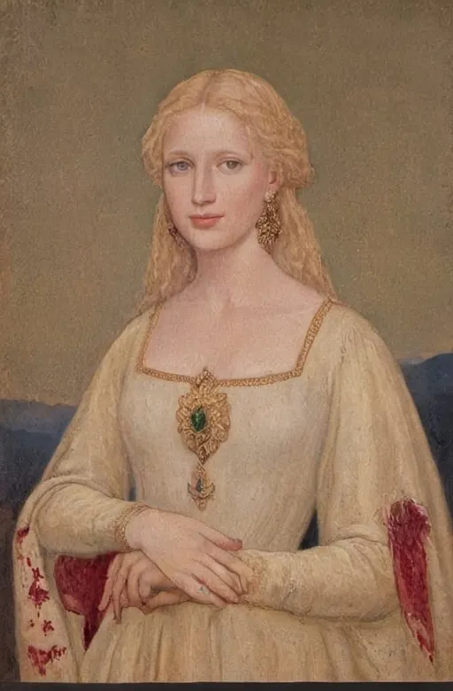 Prompt: a half-length portrait painting  of Helen of Troy cover with dark freckle blue eyes  long blonde hair red lipstick  on a smile on her face, "gold earrings"  renaissance dress with a green background and a blue sky, Fra Bartolomeo, academic art, renaissance oil painting, a painting in the style of  Mona Lisa