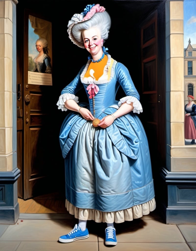 Prompt: a full-length portrait painting,
Marie Antoinette,
smile on her face
standing on the sidewalk outside the 	Globe Theatre, 
smiley-face  t-shirt, 
long blue jean,
blue tennis shoes,
academic art, renaissance oil painting