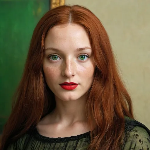 Prompt: Mona Lisa, freckle, red hair, green eyes, red lipstick