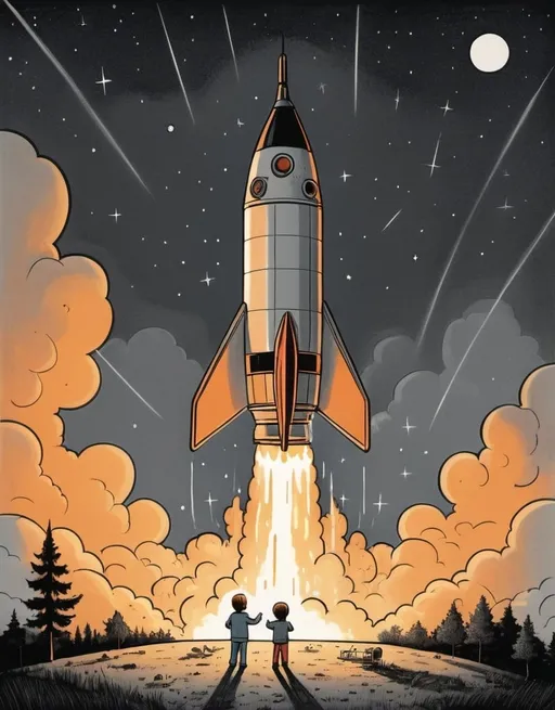 Prompt: a  black and white drawing of a of a rocket is being launched on a clear night with fire and smoke billowing out of it's back, Chris Ware, naive art, storybook illustration, a child's drawing