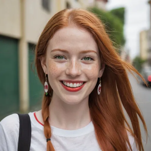 Prompt: portrait,  
27 year-old woman, 
walking,
cover with dark freckle, 
green eyes, 
long ginger hair, 
red lipstick, 
a smile on her face, 
(smiley-face-earrings),  
smiley-face t-shirt, 
photo 