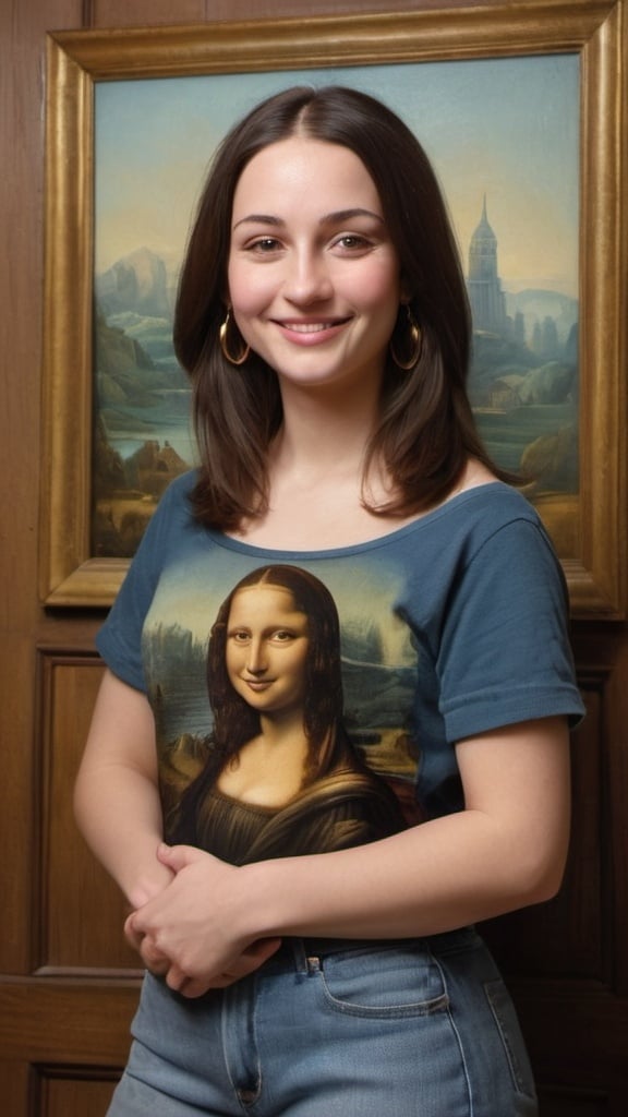 Prompt: a full-length portrait painting,
Mona Lisa,
standing a wood floor
a smile on her face, 
gold-earrings-with-a-smiley-face- ON-them,  
smiley-face-T-shirt, 
long blue jean,
1970s oil painting,

