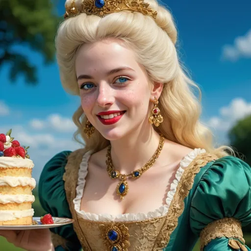 Prompt: a half-length Portrait   of Marie Antoinette cover with dark freckle blue eyes  long blonde hair red lipstick  on a smile on her face, "gold earrings"  renaissance dress eating cake with a green background and a blue sky,   