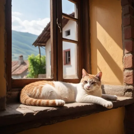 Prompt: Create an image  from inside of a home of a [cat] lying comfortably on a ledge inside of a  [window thatis wide open ].  in a [picturesque small village].
