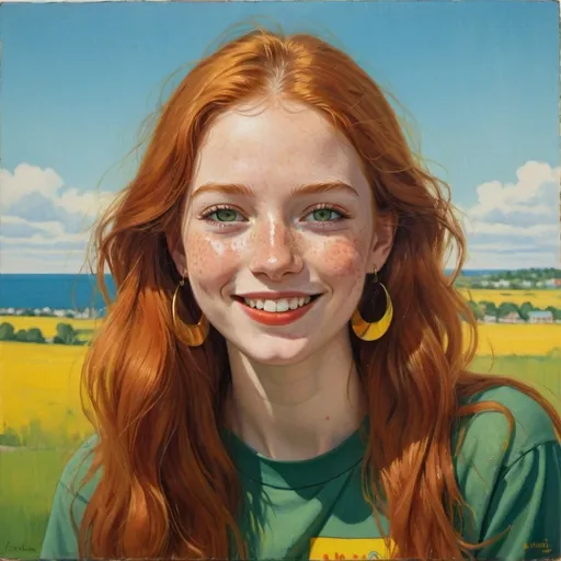 Prompt: a half-length portrait painting,
20 year-old college woman
cover with dark freckle,
green eyes,
long ginger hair,
red lipstick,
a smile on her face, 
yellow-happy-face  ON gold-earrings,  
T-shirt, 
with a green background and a blue sky,
1970s oil painting,
