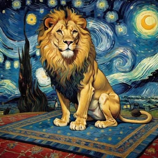 Prompt: a Lion sitting on a " flying magic carpet" in "The Starry Night" by Vincent van Gogh