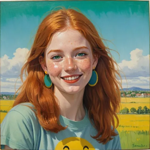 Prompt: a half-length portrait painting,
20 year-old college woman
cover with dark freckle,
green eyes,
long ginger hair,
red lipstick,
a smile on her face, 
yellow-smiley-face- ON-gold-earrings,  
T-shirt, 
with a green background and a blue sky,
1970s oil painting,
