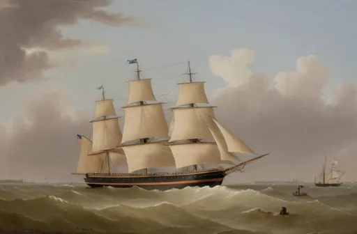 Prompt: "The packet ship Memphis of the Louisiana Line off the Skerries". Memphis was built in New York in 1839 by Smith, Dimon & Comstock. a painting by Samuel Walters  (1811–1882)  of a ship  in the ocean with a blue sky behind it and a ship  in the water,  in the style of Fitz Hugh Lane, american scene painting, painting, a painting