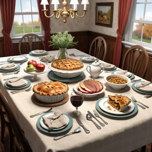 Prompt: 3D renderings of  "Grandma's table was spread with her finest linen and on it were all the best dishes and glasses filled with an array of roast meats vegetables and her famous apple pie."