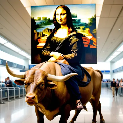 Prompt: Mona Lisa  riding a bull  in  an airport