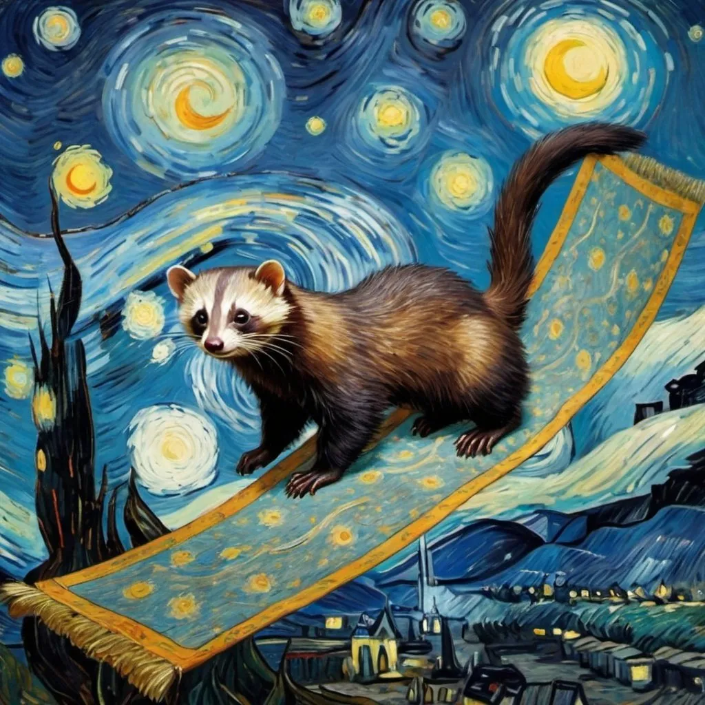 Prompt: A "Polecat"  flying on a "magic carpet" in "The Starry Night" by Vincent van Gogh