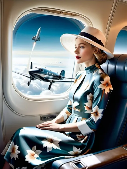 Prompt: a (( 21-year-old woman in a long flower print Empire Dress with a high neck line and white hat)) sitting on an airplane seat with a hat on her head and an UFO in the background with a window, Annie Leibovitz, precisionism, promotional image, an art deco painting