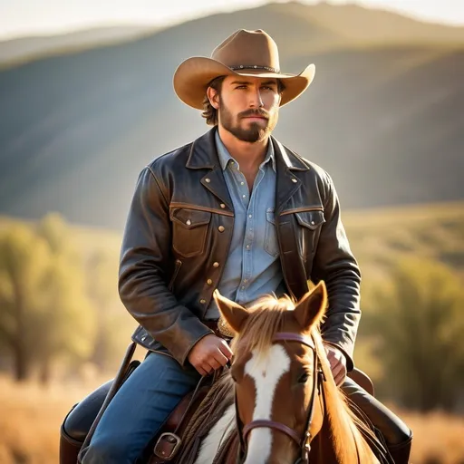 Prompt: rugged 25-year-old Cowboy riding on horseback,
ten gallon hat, 
wide angle view, 
full depth of field, 
beautiful, 
high resolution, 
realistic, 
detailed beard,
old west atmosphere, 
golden hour lighting, 
misty colors
shirt and blue jeans, 
rugged beauty,
portrait painting, 
professional quality, 
sunrise,
white ten gallon hat, 
rope , 
realistic, 
leather jacket,
serene atmosphere, 
wide angle view, 
full depth of field, 
beautiful, high resolution, 
golden hour lighting, 
leather jacket, 
rugged  beauty.