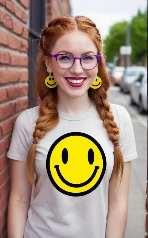 Prompt: 25-year-old woman with earrings 1970s smiley face yellow, green eyes. cover with dark freckle. long ginger hair ginger in a superbly done French braid.. wearing lipstick red broad rimmed eyeglasses purple with purple frames. and a smiley face on her shirt is standing by a brick wall and smiling at the camera, Ella Guru, verdadism, cheerful, a stock photo