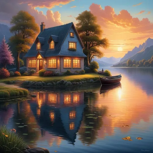 Prompt: a painting of a house with a lake in front of it and a sunset in the background with a person standing outside, Anne Stokes, fantasy art, kinkade, a detailed matte painting
a painting of a house by a lake with a boat in the water at sunset or dawn with a boat in the water, Evgeny Lushpin, fantasy art, kinkade, a detailed matte painting