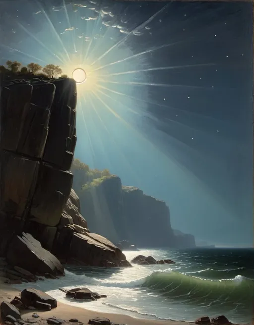 Prompt: a painting of a rocky cliff with a body of water below it and a sunbeam in the sky, Fitz Hugh Lane, hudson river school, moonlight, a painting in the style of "The Starry Night" by Vincent van Gogh