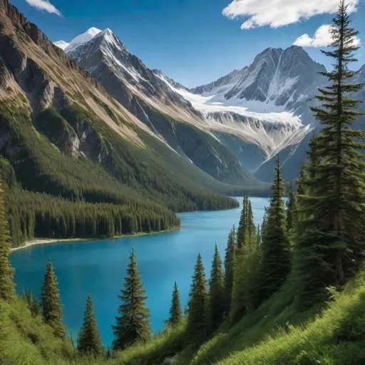 Prompt: a mountain range with a lake surrounded by trees and snow capped mountains in the background with a blue sky,
Bob Thompson, 
naturalism, 
polarizing filter, 
professional photograph,
UHD  64K