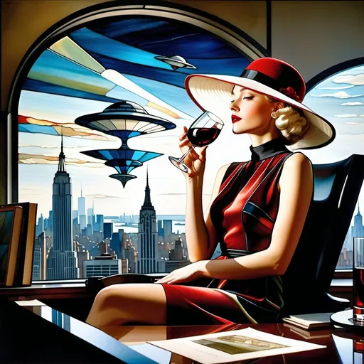 Prompt: a 21-year-old woman in a long flower print Empire Dress with a high neck line and white hat sitting at desk high rise office with a  window with a hat on her head drinking a glass of red wine,  and (( UFOs attacking New York City))  in the background with a window, Annie Leibovitz, precisionism, promotional image, an art deco painting  