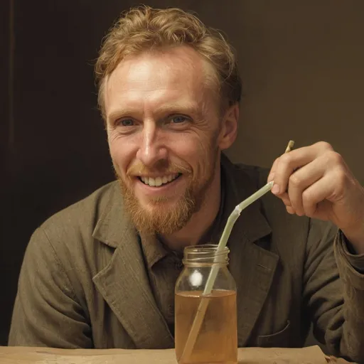 Prompt: Vincent van Gogh smiling while drinking through a straw stuck in an open glass bottle that is wrap in a brown paper.