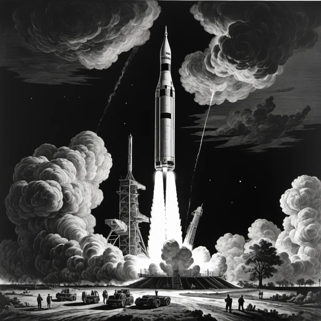 Prompt:  a black and white 15th century wood cut print of the Apollo Saturn-V Rocket launching into the sky liftoff with smoke billowing out of it's back, Carl Eugen Keel, space art, ue 5, an engraving