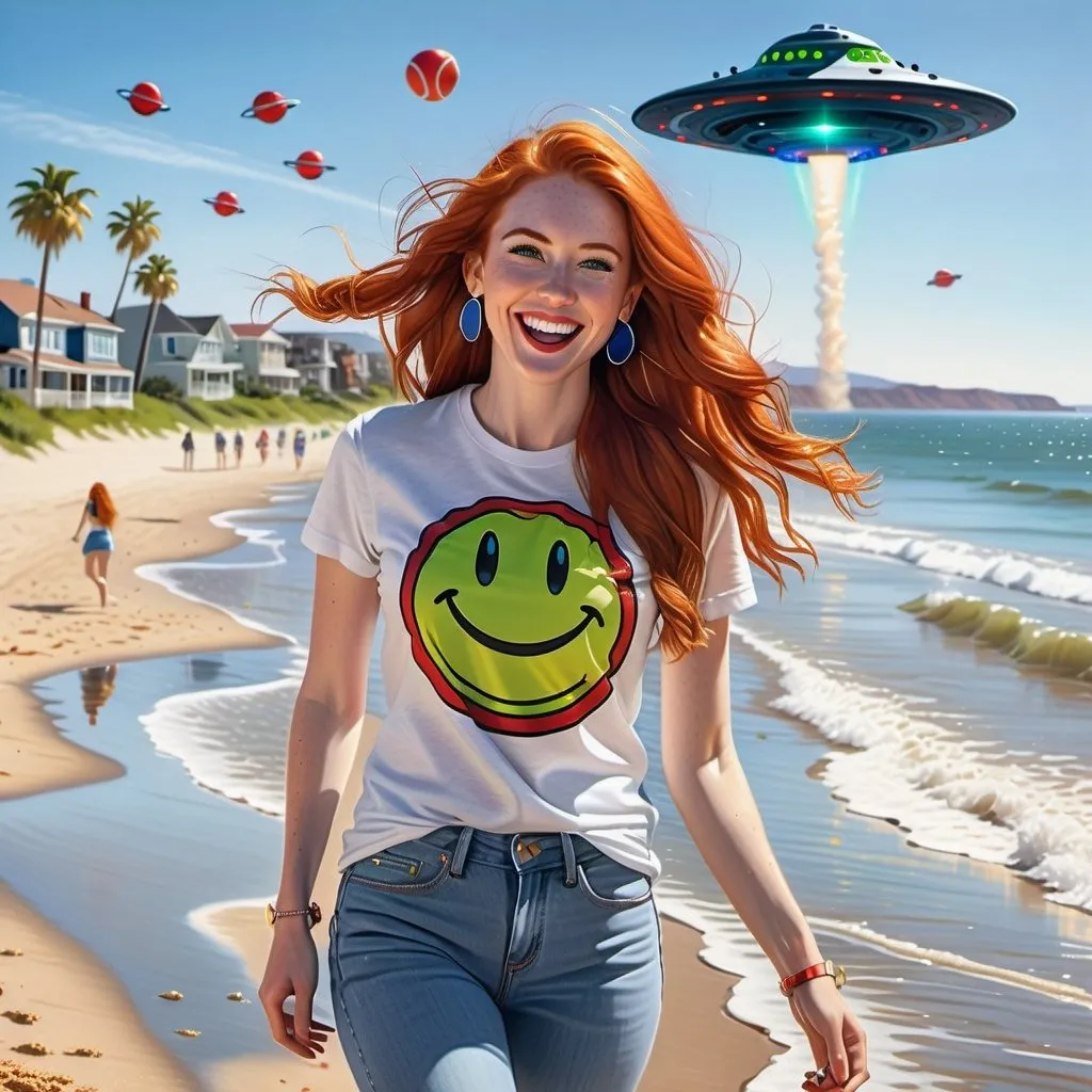 Prompt: photorealistic portrait of a [(27 year-old woman),  (cover with dark freckle), (green eyes), (long ginger hair), (red lipstick), (a smile on her face), ( smiley face earrings), (smiley-face t-shirt), (long blue jean), (red and blue tennis shoes),]on the beach, looking very excited at an attacking UFO