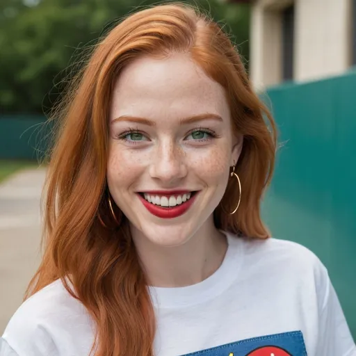 Prompt: portrait,  
(27 year-old woman,) 
(walking),
(cover with dark freckle), 
(green eyes), 
(long ginger hair), 
(red lipstick), 
(a smile on her face), 
(earrings with a smiley face on it's earring hooks),  
(smiley-face t-shirt), 
(long blue jean), 
(red and blue tennis shoes),
photo

