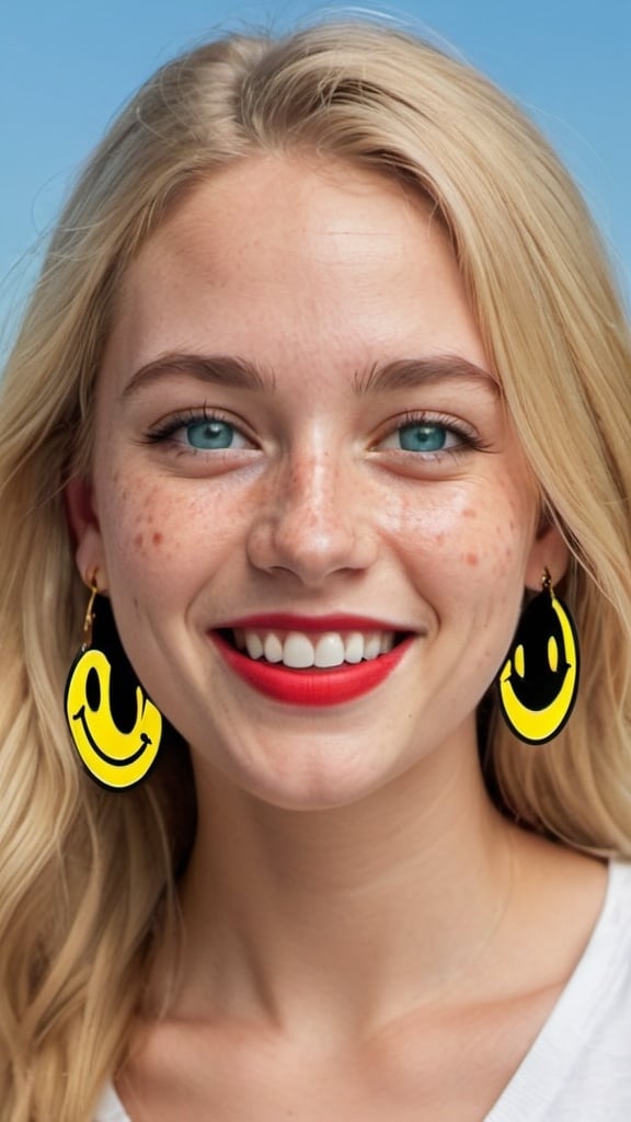 Prompt: a full-length portrait photo,
27 year-old  woman,
cover with dark freckle,
blue eyes,
long blonde hair,
red lipstick,
a smile on her face, 
gold-earrings-with-a-smiley-face- ON-them,  
smiley-face-T-shirt, 
with a green background and a blue sky,

