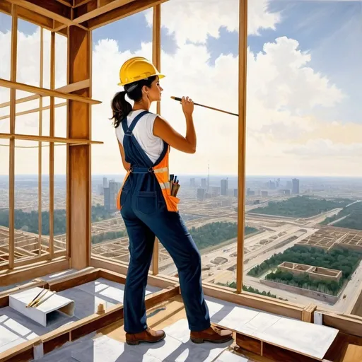 Prompt: painting of a woman working  as an architect on top floor of  a skyscraper that is under construction,