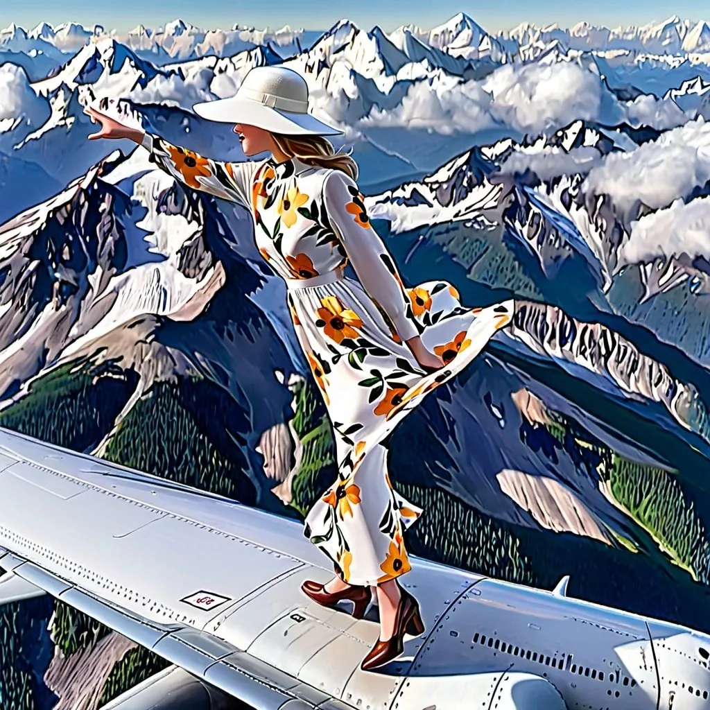 Prompt: a view of something crazy a (( 21-year-old woman in a long flower print Empire Dress with a high neck line and white hat)) is walking on top of the wing of the plane in flight, High Above Mt. Rainier


