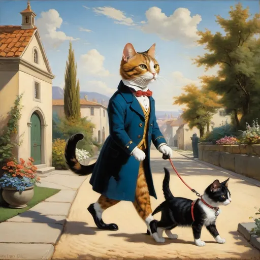 Prompt: a painting of an anthropomorphic cat, walking a [dog] on a leash.