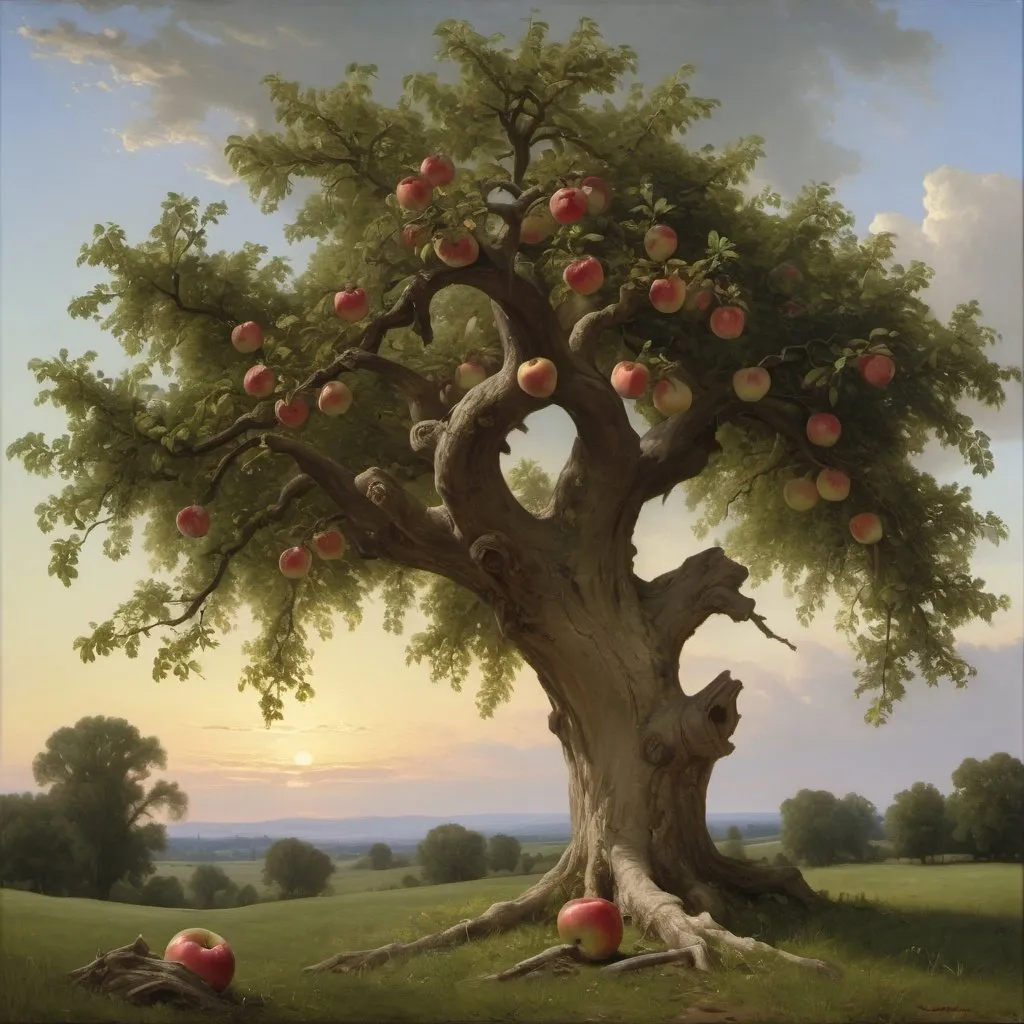 Prompt: Create a UHD, 64K, professional oil painting in the style of Carl Heinrich Bloch, blending the American Barbizon School and Flemish Baroque influences. Depict  "The old apple tree, gnarled and bent, still bore fruit, a testament to its enduring strength and resilience."