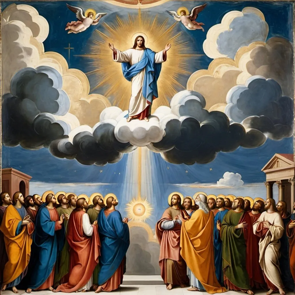 Prompt: a painting of a scene  for The New Testament of the bible,
Jesus'  glorified body  is ascending into the clouds, 
Giotto, 
renaissance, 
a  religious painting,
oil painting,
UHD,
 64K