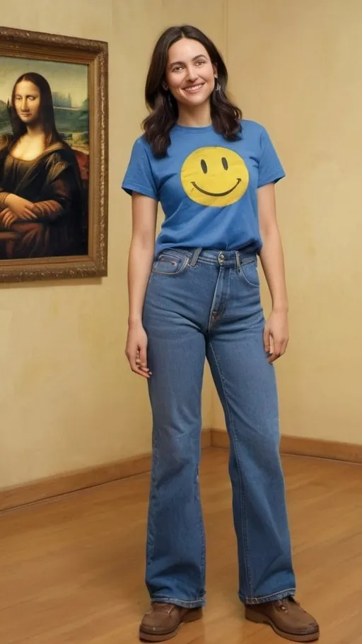 Prompt: a full-length portrait painting,
Mona Lisa,
standing a wax wood floor
a smile on her face, 
gold-earrings-with-a-smiley-face- ON-them,  
smiley-face-T-shirt, 
long blue jean,
1970s oil painting,

