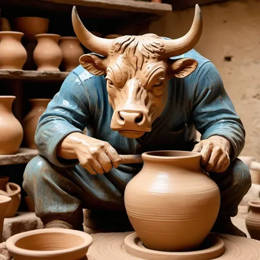 Prompt: a  bull  making pottery on pottery wheel in the style of  Vincent van Gogh