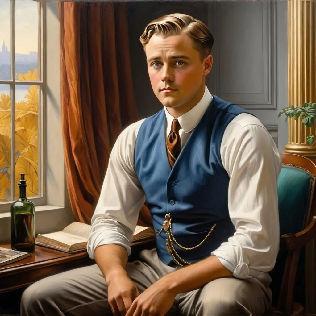 Prompt: Create a UHD, 64K, professional oil painting in the style of Carl Heinrich Bloch, blending influences from the American Barbizon School and the Hudson River School, depict the the fictional character Jay Gatsby (by F. Scott Fitzgerald, 1925)