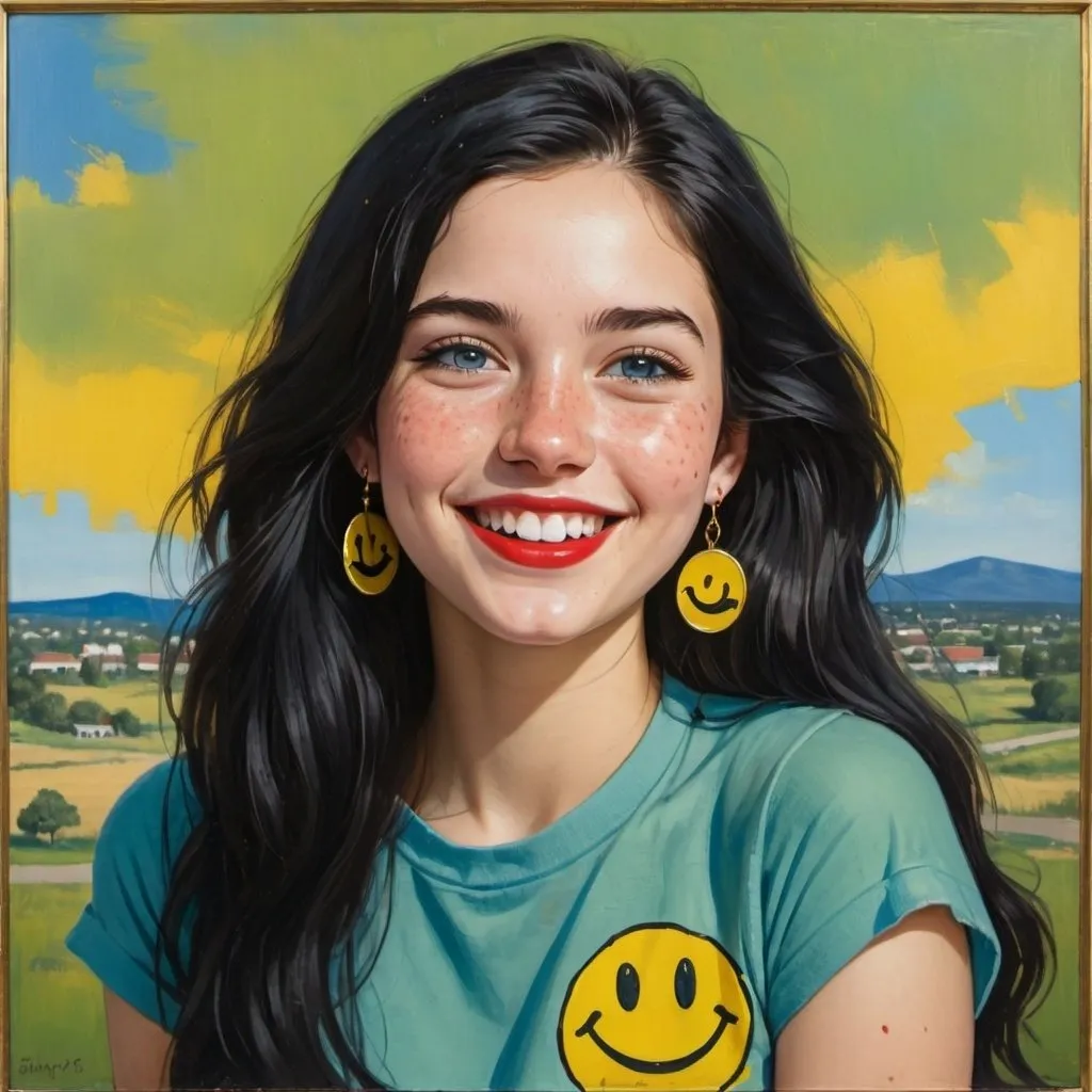 Prompt: a half-length portrait painting,
20 year-old college woman,
cover with dark freckle,
blue eyes,
long black hair,
red lipstick,
a smile on her face, 
black-smiley-face- ON-gold-earrings,  
smiley-face-T-shirt, 
with a green background and a blue sky,
1970s oil painting,
