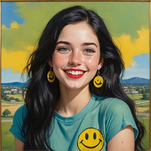 Prompt: a half-length portrait painting,
20 year-old college woman,
cover with dark freckle,
blue eyes,
long black hair,
red lipstick,
a smile on her face, 
black-smiley-face- ON-gold-earrings,  
smiley-face-T-shirt, 
with a green background and a blue sky,
1970s oil painting,
